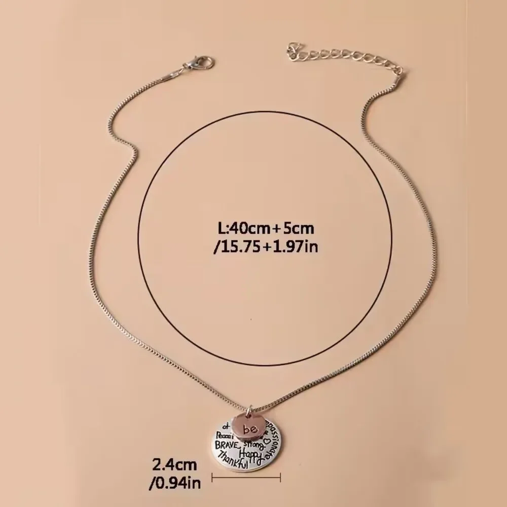 2-Tone Silver Inspiration Quote Pendant Necklace Etched Charm Brave Strong Happy
